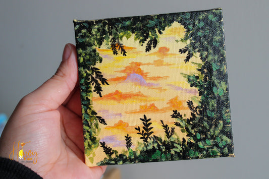 MINI CANVAS Sunrise over green 4x4 inches.