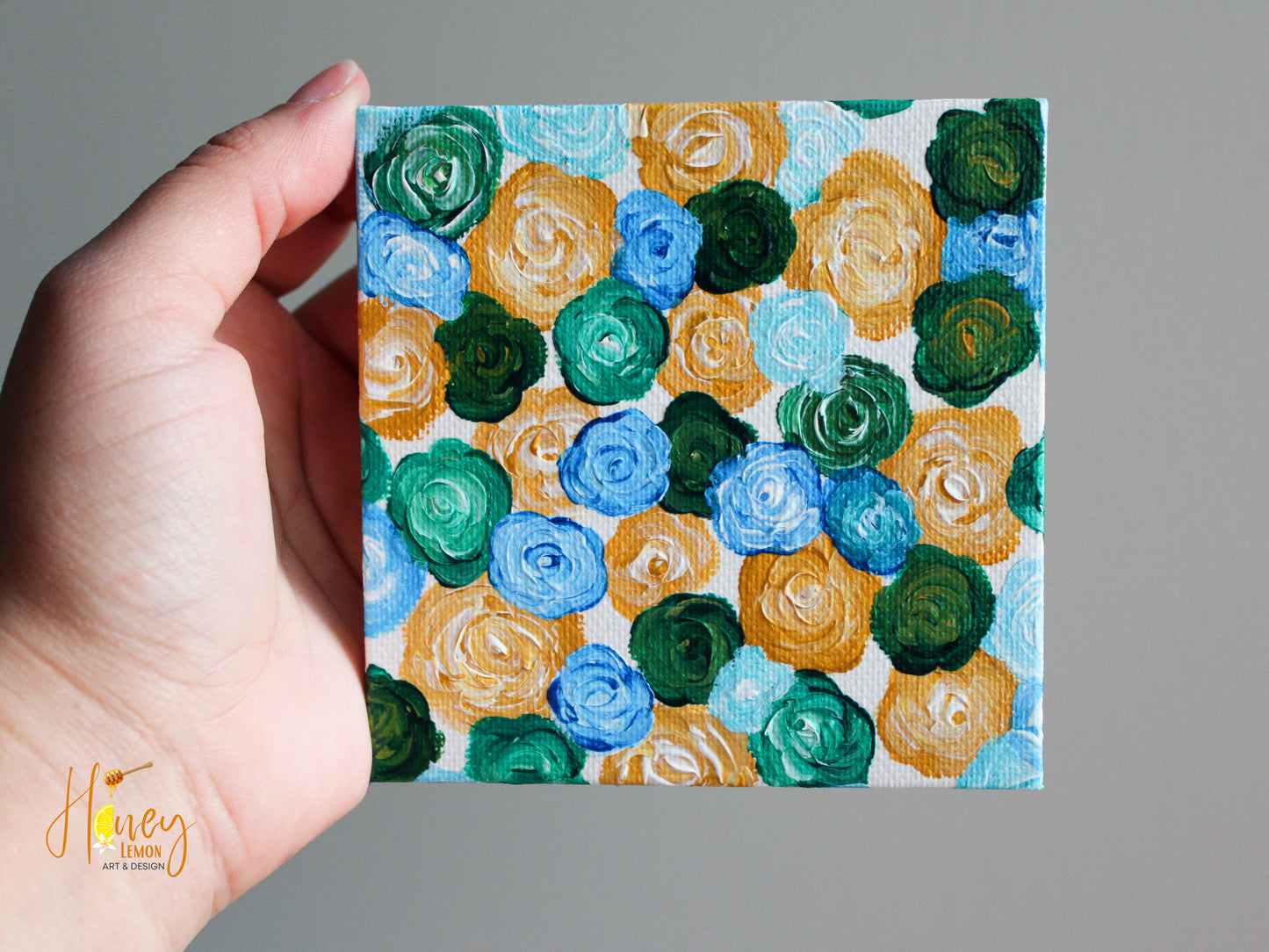 MINI CANVAS Blue and gold roses 4x4 inches.