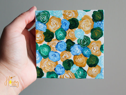 MINI CANVAS Blue and gold roses 4x4 inches.