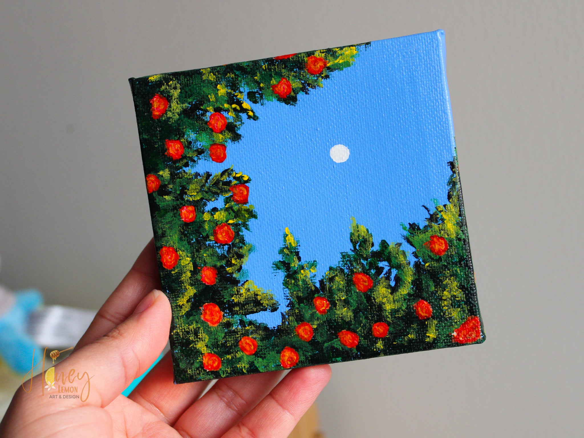 MINI CANVAS Sky and red flowers 4x4 inches.